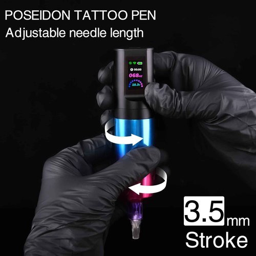 Tattoo kit POSEIDON, Tattoo Pen Kit with 20 PCS Tattoo Cartridge Machine, Tattoo Pen with 1800mAh Capacity Wireless Power, Tattoo Gun kit with Japan Coreless Motor Digital Display for Tattoo Equipment