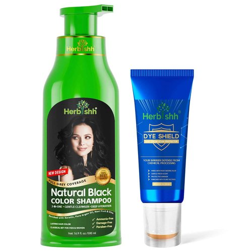 Herbishh Combo Hair Color Shampoo Black 500ml for Grey Hair + Hair Color Stain Protector Dye Shield or Defender for Skin