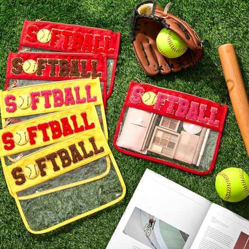 Aliceset 6 Pcs Softball Chenille Letter Preppy Patch Makeup Snack Bags, Gift for Women Waterproof PVC Cosmetic Organizer Storage, Flat Clear Portable Toiletry Zipper Pouch(Red, Yellow)