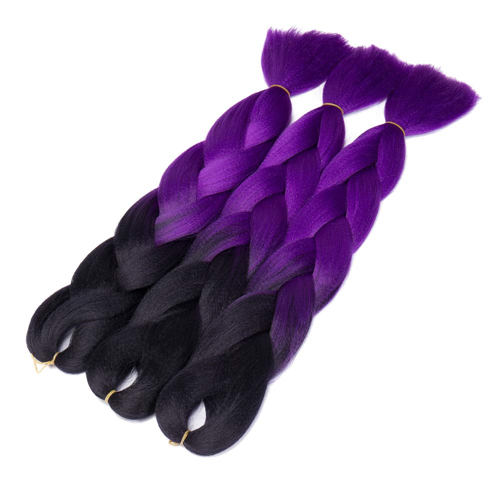 24 Inch Ombre Jumbo Braiding Hair Extensions Jumbo Braid Hair Ombre Long Jumbo Braids For Box Twist Braid Crochet Hair High Temperature Fiber 3 Tone Colored (5 Bundles, Black to Dark Purple)