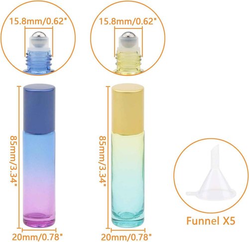 Ellbest 10ml Rolling Glass Bottle for Essential Oil 10pcs Colorful Roller Bottles with Stainless Steel Roller Balls & Funnels & Dropper for Travel, Carrying Outside (Gradient Colors)