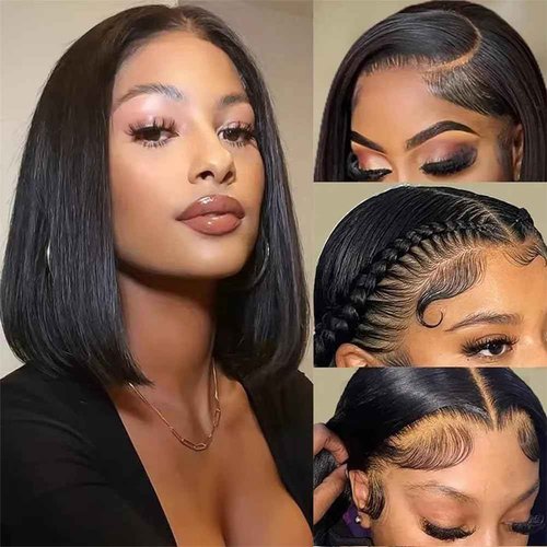 TONGMAY Bob Wig Human Hair 13x4 HD Transparent Lace Frontal Wigs for Women Glueless Short Straight Bob Lace Front Bob Wigs Pre Plucked with Baby Hair 180% Density Natural Black 10 Inch
