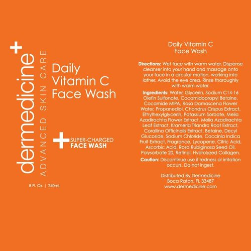 Dermedicine Daily Vitamin C Face Wash Super-Charged w/Marine & Plant Extracts & Retinol Cleaner | Works to Help as Cleanser, Brighten & Balance Complexion 8 Fl. Oz. | 240mL