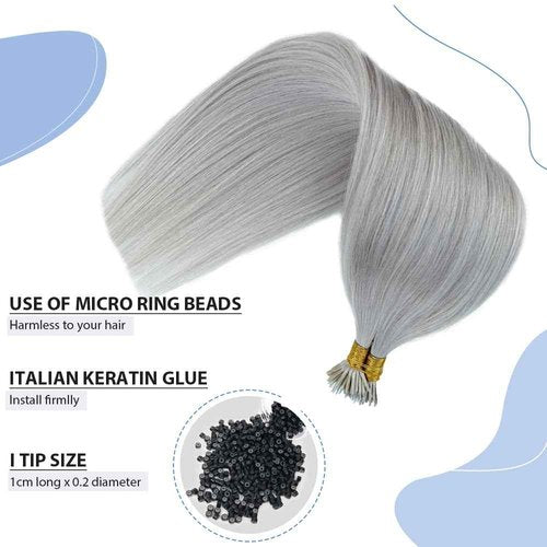 Silver I Tip Hair Extensions - Human Hair Pre-Bonded Cold Fusion Stick Tip Real Remy Hair Piece for Women - Invisible Keratin Microlink Extensions 16 Inch 100 Strands 50G