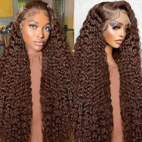 Chocolate Brown Lace Front Wigs Human Hair 13x6 Deep Wave Lace Front Wigs Human Hair 200 Density HD Colored Deep Curly Lace Frontal Wigs for Women Pre Plucked with Natural Hairline (24inch)