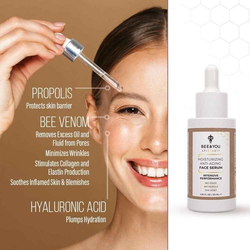 BEE and YOU Anti Aging, Anti Wrinkle Face Cream Serum, Dark Spot Remover, Moisturizer, Pore Minimizer Skin Care, Bee Propolis Extract, Raw Honey, Bee Venom and Hyaluronic Acid, 1.0 fl. Oz