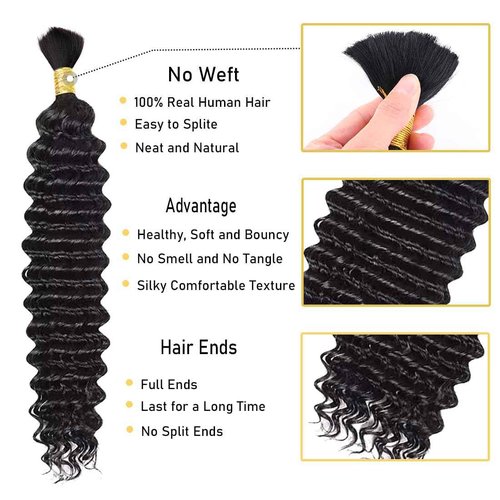 Bulk Human Hair Braiding for Boho Braids Deep Curly Wave Human Hair Bundles for Black Women 22 Inch 100g No Weft Glueless Wet and Wavy Brazilian Virgin Human Micro Braiding Hair Extensions