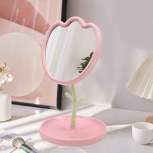 LIYAZHIL Flower Shaped Desk Mirror with Tray Adjustable Angle Tabletop Vanity Makeup Mirror for Home Decoration