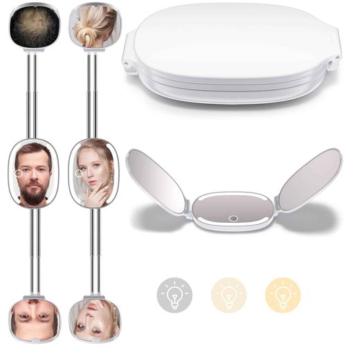 Portable 3 Way Stretchable LED Mirror - Travel Compact Makeup Mirror with Lights, Small Pocket Mirror, 3 Color Dimmable, Handheld, Folding, Rechargeable, Telescopic Pole