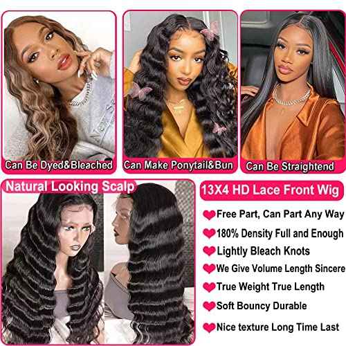 JIETAI 13x4 Loose Deep Wave Curly Lace Front Wig Pre Plucked with Baby Hair 180% Density Curly Human Hair Wigs 10A Wigs for Black Women Glueless Wig (30inch, Natural Color)