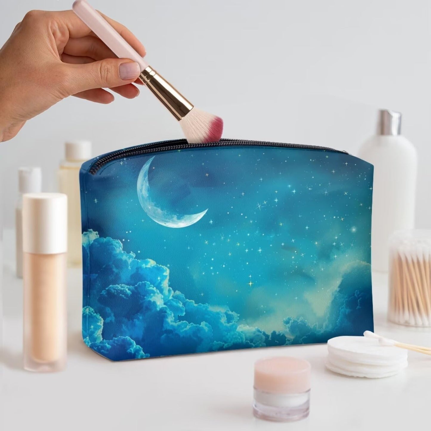 ELEDIZI Blue Starry Sky Makeup Bag Toiletry Bag for Women Aesthetic Cosmetic Case for Zippered Pouch Waterproof Skin Care Bag Pu Leather Makeup Brush Case Fashion Clutch Wallet for Phone,Card,Gifts