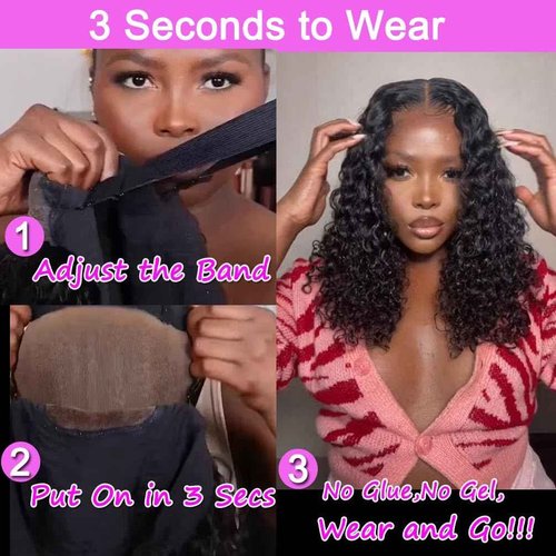Srakuw Wear and Go Glueless Wigs Human Hair Pre Plucked Pre Cut 4x4 Lace Front Wigs for Black Women for Beginners 180 Density Curly Bob Wig Human Hair (8 Inch)
