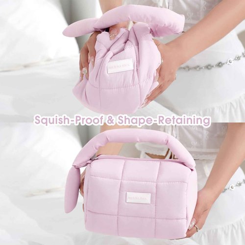 Cute Puffy Makeup Bag with Handle, Quilted Cosmetic Organizer Bag, Waterproof Travel Toiletry Pouch, Portable Handbag with Zipper for Women and Girls (Purple)