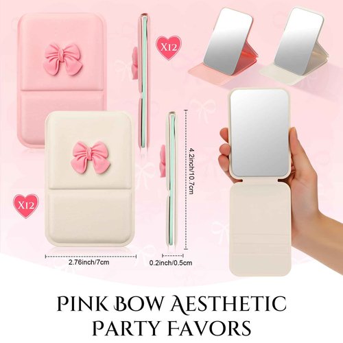 Amyhill 24Pcs Party Favor Compact Fold Mini Mirror Preppy Bow Gift for Women Birthday Bridal Shower Bachelorette Graduation Party Supplies (Beige and Pink,Folding)