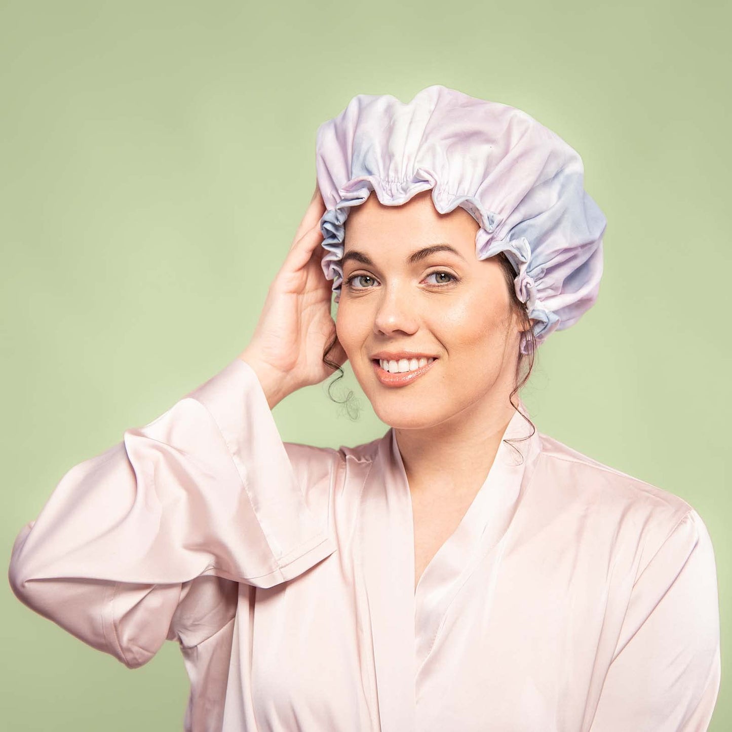 Large Shower Cap, Reusable, Double Layer Lined with Soft Waterproof Material, Ruffle Trim, for All Hair Lengths (Purple Tiedye)