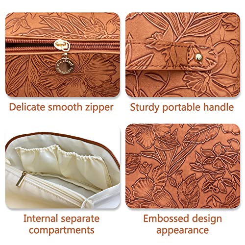 BAKLUCK Travel Makeup Bag Cosmetic Bag with Compartments Large Capacity Water Resistant PU Leather Makeup Bag Lay Flat Makeup Bag Portable Floral Makeup Bag for Women and Girl Caramel