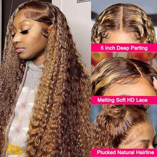Ombre Lace Front Wig Human Hair Highlight Deep Wave 5x5 Hd Lace Closure Wigs Human Hair 4/27 Colored Glueless Honey Blonde Wig Human Hair Wig Pre Plucked Wet Wavy Curly Wig 180 Density 24 Inch