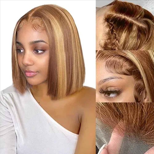 Bestvivid Highlight Honey Blonde 13x4 HD Lace Front Wigs Human Hair 4/27 Lace Front Bob Wig Human Hair Pre Plucked Middle Part Ombre Colored Transparent Lace Frontal Wigs (8 Inch, 4/27 Highlight)