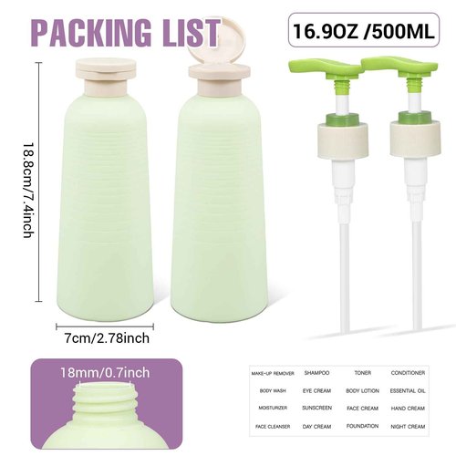 UMETASS 16.9oz Travel Shampoo Bottle with Flip Cap, Refillable Plastic Pump Bottles Dispenser for Soap, Shampoo, Lotions, Liquid Body Wash, Creams and Massage Oil (2Pack, 16.9oz/500ml)