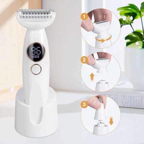 Bikini Trimmer for Women, Electric Razors for Silk Skin 5-in-1, IPX7 Waterproof, USB Rechargeable, Electric Razors for Women for Face, Eyebrows, Body, Bikini Zone with Charging Station