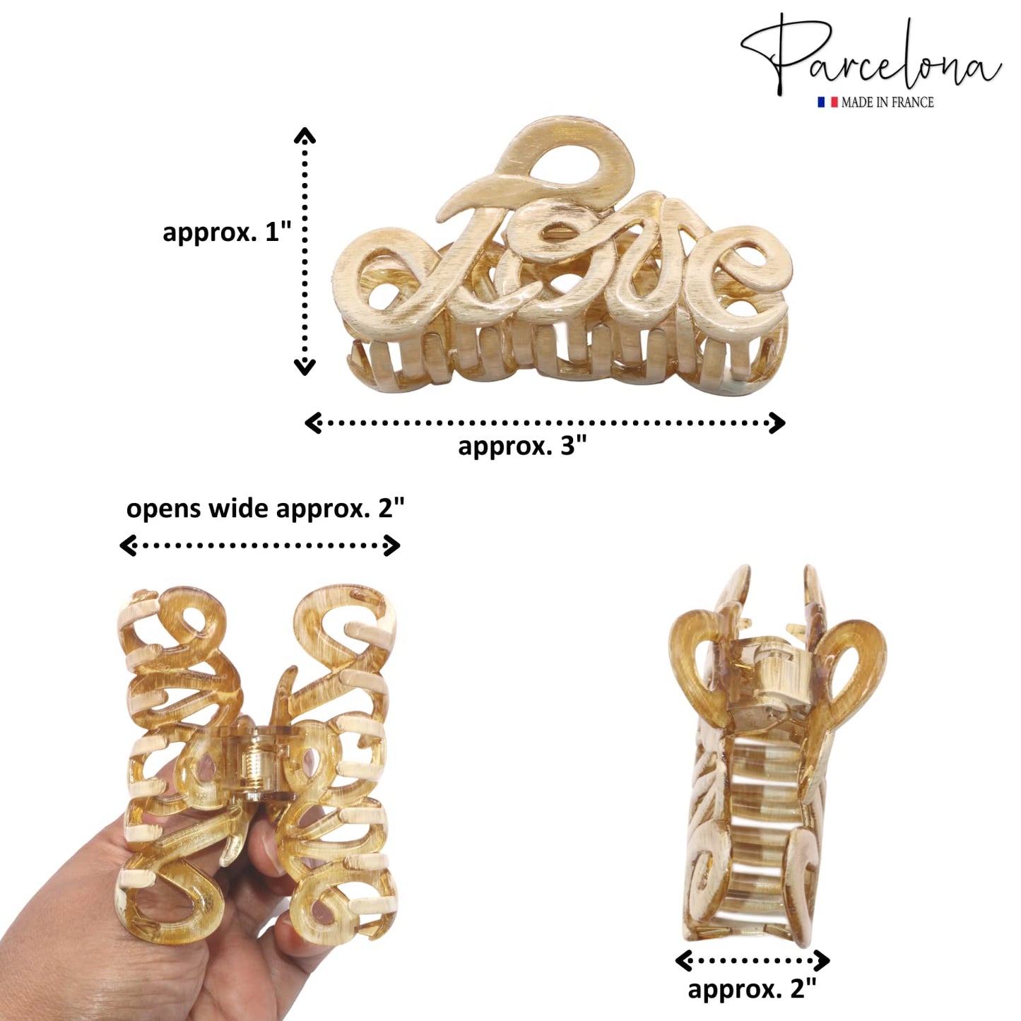 Parcelona French Love Medium 3" Celluloid Acetate Claw Clips Covered Spring Durable Fashion Hair Styling Clips Women Hair Accessories Girls Hair Clips (Dusty Beige Brown 3")