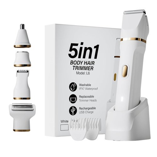Paradise Bliss Quality 5-in-1 Bikini Trimmer Electric Razors with USB Cord, Excellent Facial Hair Elimination, Wet/Dry Body Shaver for Nose, Eyebrows, Beard, Leg, and Arm, IPX7 Waterproof (White)