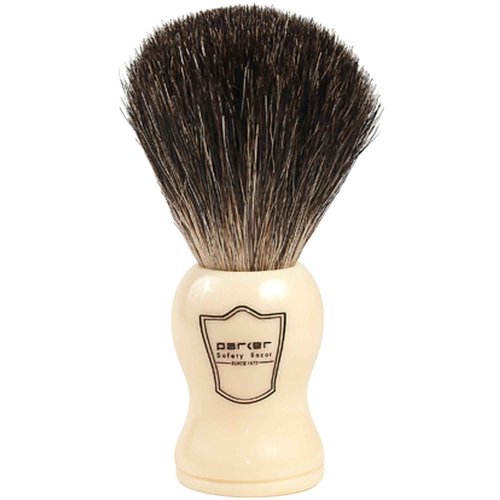 Parker 100% Black Badger Bristle Shaving Brush with White Handle–Extra Dense Badger Bristles Shave Brush Create a Superior Lather–Brush Stand Included