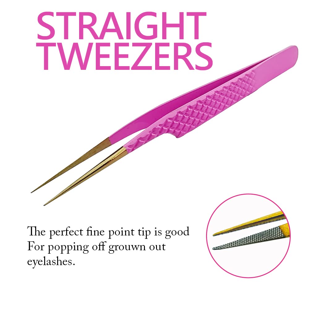 LEENAX 2 Pcs Pink Stainless Steel Tweezers for Eyelash Extensions, Eyelash Extension Tweezers Set, Volume Tweezers, Lash Extension Precision Tweezers, Extension tweezers.