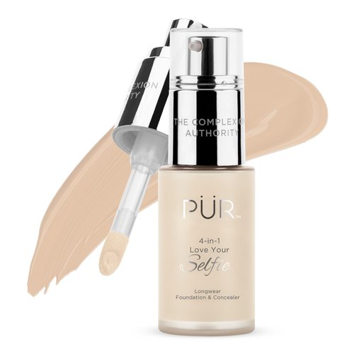 PÜR MINERALS 4-in-1 Love Your Selfie Foundation & Concealer - Longwear Full Coverage Liquid Makeup Foundation with Hydrating Blend for Refined-Looking, Natural Beauty Glow, Skin Texture & Tone