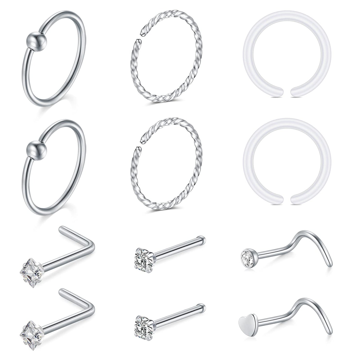 14PCS Nose Piercing Kit,20G Piercing Needles with Nose Gun 316L Stainless Steel Silver Nose Studs Nose Screw Piercing Jewelry for Nose Septum Ring Horseshoe Hoop Lip Labret Earrings Piercing