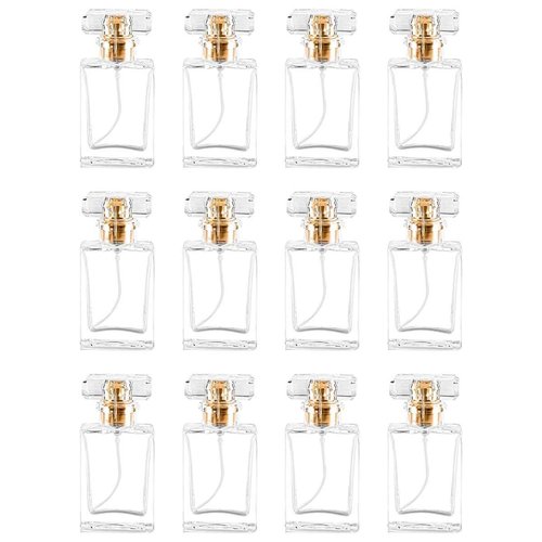 Glass Perfume Bottle Empty Refillable 12Pack Clear Travel Perfume Spray Atomizer Bottle 50ml Perfume Fine Mist Spray Perfume Bottle Atomizer Container with Sprayer Applicator (Clear Square 50ml 12PCS)