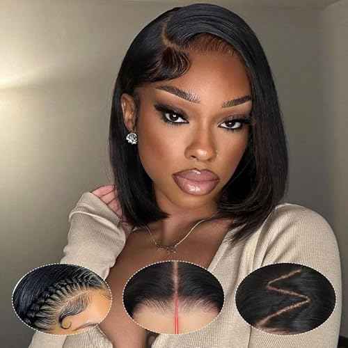 Wear and Go Glueless Bob Wig Human Hair Pre Plucked Pre Cut 4x4 HD Transparent Lace Front Wigs for Black Women Straight Short Bob Wigs Human Hair 180 Dentisty Natrual Color 12 Inch