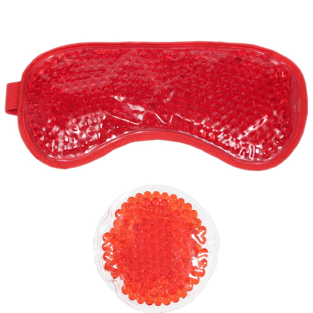 HOT +Cold Aqua Pearls Plush Eye Mask with Soft Plush Backing and Fully Adjustable Strap, Bonus Mini Round pad-2PACKS(Red, Eye Mask+ Mini Round Pad)