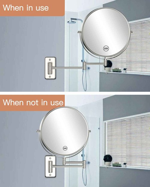 Benbilry 9" Large Size Wall Mounted Makeup Vanity Mirror, 1X/10X Magnifying Double Sided Shaving Mirror for Bathroom, 360° Swivel Extendable Arm, Nickel Finish