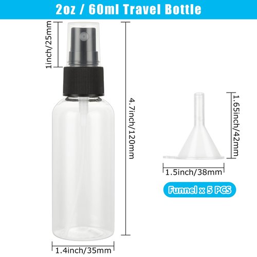 CertBuy 60 Pcs Small Plastic Spray Bottles, 2oz 60ml Empty Fine Mist Spray Bottles, Refillable Liquid Container Sprayer for Essential Oils Perfumes Travel Makeup, with 5 Pcs Funnels