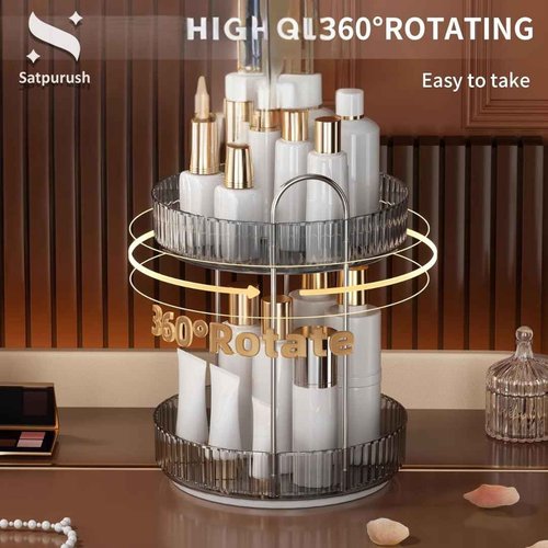Satpurush 360° Rotating Makeup Organizer – 2-Tier Spinning Cosmetic Holder for Vanity, Countertop, Bathroom & Dresser – Perfume, Skincare & Cosmetic Care Organizer (Clear Grey, 2 Tier)