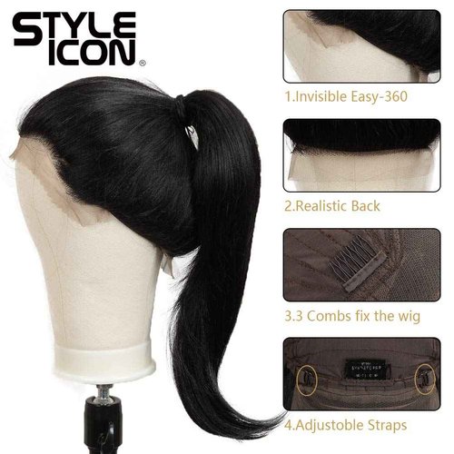 Style Icon Easy-360 Lace Wigs 28" Free Part Lace Frontal Wigs Long Straight Wig Black Synthetic Wig(28", 1B)