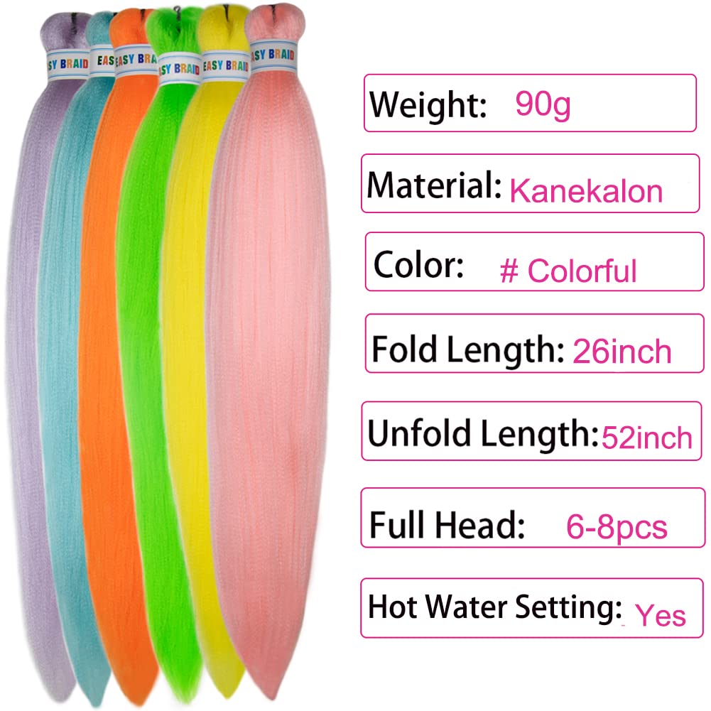 Braiding Hair Pre Stretched Colored Braiding Hair Extensions for Braids 26inch 6pcs Ez Braid Prestretched Multicolor Braid Hair