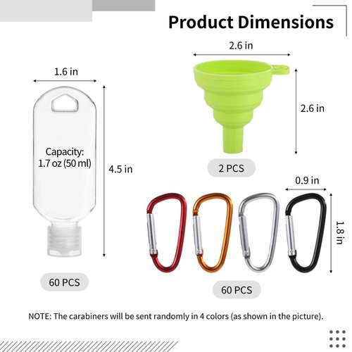 60 PCS Keychain Empty Hand Sanitizer Bottles - 1.7 oz Portable Keychain Travel Bottles, Empty Squeeze Plastic Bottle with Flip Cap, Refillable Containers with 2 Foldable Funnels for Shower Gel Lotion