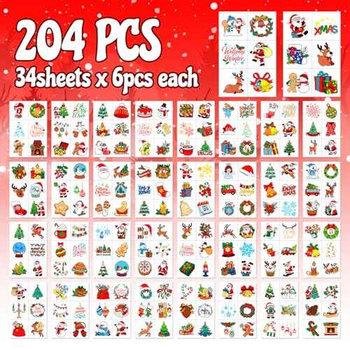 PARTYWIND 204 PCS Christmas Tattoos for Kids, Christmas Stocking Stuffers for Kids, Xmas Stickers Decorations Party Favors for Girls Boys, Christmas Goodie Bags for Classroom Prizes