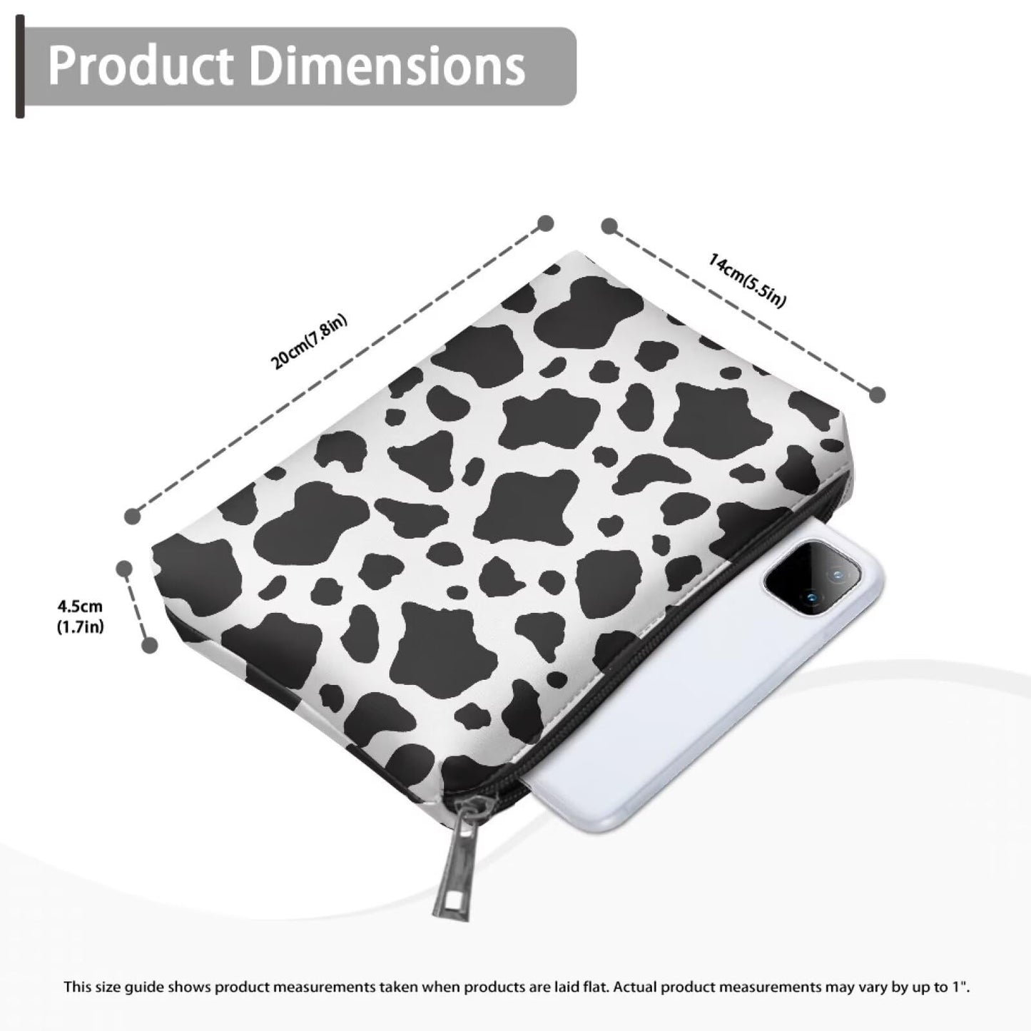 ELEDIZI Cow Print Makeup Bag for Purse Cute Makeup Pouch Aesthetic Black and White Skincare Bag Leather Clutch Bags for Women Waterproof Cosmetic Pouch Portable Makeup Brush Storage Birthday Gifts