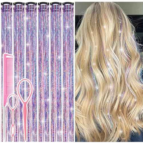 Hair Tinsel Clip in Dreamy Colorful Fairy Hair Tinsel Kit, 12 Pcs 24 Inch Glitter Clip in Hair Extensions for Girls Women Kids Christmas New Year Festival Party (Dreamy Colorful)
