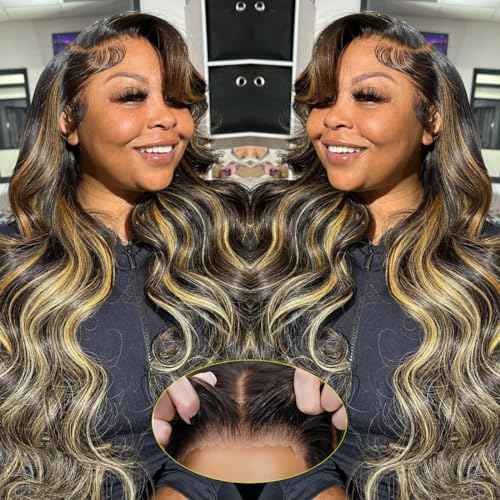 Highlight 5x5 HD Lace Closure Wigs Wear and Go Glueless Wigs Human Hair Pre Plucked Pre Cut 1B/27 Honey Blonde Body Wave Lace Front Wigs Human Hair for Women 180% Density 26Inch