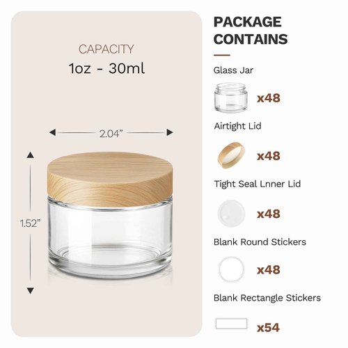 1 oz Glass Jars with Plastic Woodgrain Lids, Bumobum 48 pack Round Clear Cream Jars with Black and White Labels & Inner Liners, Empty Cosmetic Containers for Cream, Lotion, Ointment
