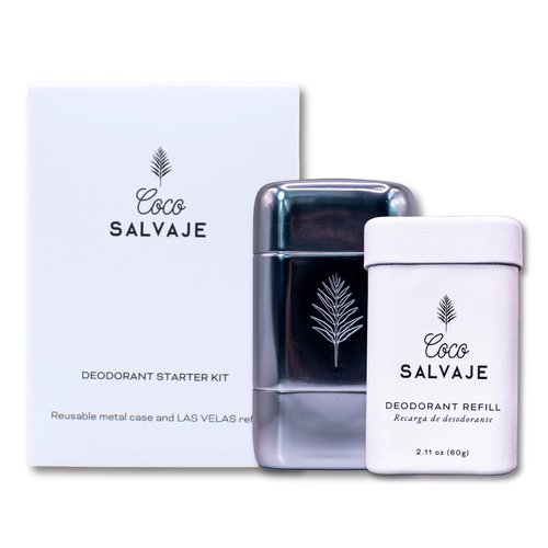 COCO SALVAJE Natural Deodorant Starter Kit for Women & Men | Aluminum Free with Magnesium | Non toxic, Vegan, Hypoallergenic and Pregnancy Safe | 2.11oz Refill & Metal Case (LAS VELAS (Minty))