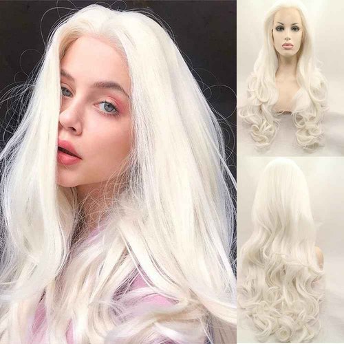 xiweiya 60# Platinum Blonde Wavy Lace Front Wig Long White Blonde Wavy Curly Synthetic Lace Front Wig White Queen Wig 13x3 Lace Wig Heat Resistant Hair 180% Density Wigs for Woman Drag Queen 24inch