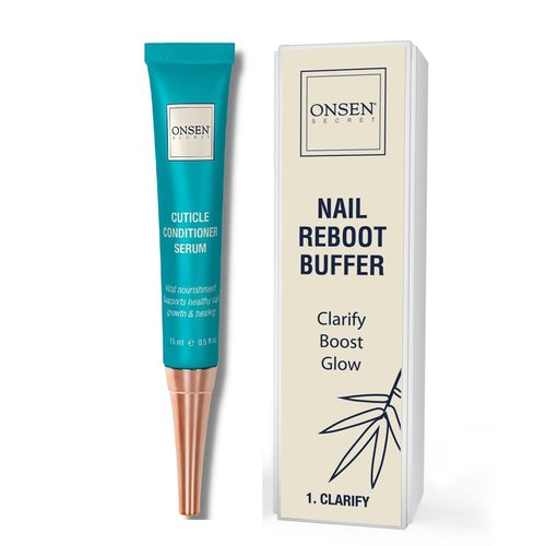 Onsen Secret Cuticle Conditioner Cream 15ml + Professional Nail Buffer Block. Cuticle Oil That Sooth, Repair & Strengthen Cuticles & Nails, 3 Way Nail Buffing Block