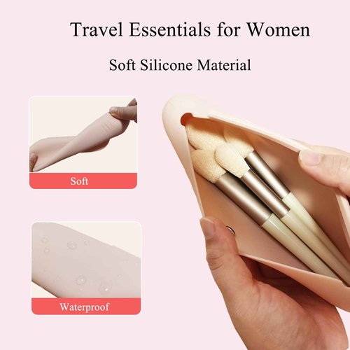 TOPSTUFF Travel Makeup Brush Holder,Travel Essentials for Women,Silicone Makeup Brush Travel Case,Cosmetic Bag with Magnetic Closure,Makeup Brush Pouch Organizer for Travel-Pink