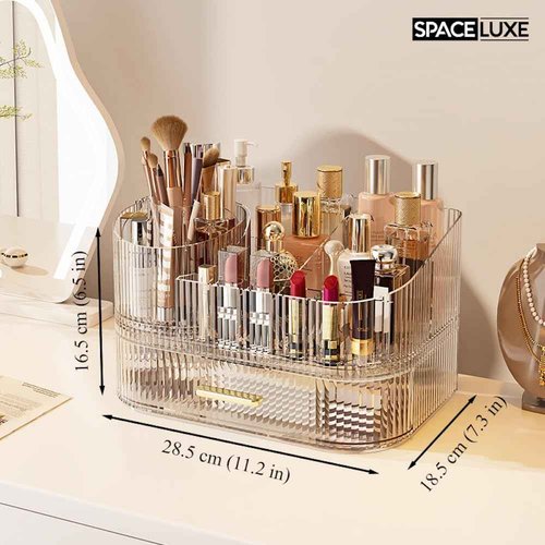 SpaceLuxe Makeup Organizer with Drawers and 360° Rotating Brush Holder, Large Capacity Cosmetic Storage for Vanity, Skincare, Perfume, Hair Accessories, Lipstick & Jewelry (Clear, 2-layer)