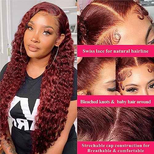 Reddish Brown Deep Wave Lace Front Wigs Human Hair 33b Colored 13x4 HD Lace Frontal Wig for Women 180% Density Auburn Glueless Curly Wig Pre Plucked 20 Inch